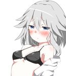  bare_shoulders black_bra blue_eyes blush bra breasts collarbone commentary_request embarrassed eyebrows_visible_through_hair hair_between_eyes highres izayoi_sakuya kz_oji midriff no_headwear off_shoulder parted_lips shirt short_hair silver_hair simple_background small_breasts solo tears touhou underwear upper_body white_background white_shirt 