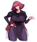  absurdres bangs breasts cape collarbone commentary_request covered_nipples cropped_legs curvy dress eyebrows_visible_through_hair gundam gundam_zz haman_karn hand_on_hip head_tilt highres huge_breasts looking_at_viewer medium_hair narrow_waist pantyhose purple_dress purple_eyes purple_legwear red_hair short_hair sidelocks slender_waist solo space_jin taut_clothes taut_dress thick_thighs thighs wide_hips zeta_gundam 