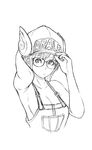  breasts cleavage commentary_request dr._slump glasses greyscale hat highres large_breasts monochrome naked_overalls norimaki_arale odeshi_(zuma_odesi) older overalls short_hair sideboob solo 