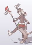  animal_ears antlers boots fur_trim gloves hair_ribbon hat hat_removed headwear_removed kemono_friends kicking long_hair multicolored multicolored_clothes multicolored_hair multicolored_skirt reindeer_(kemono_friends) reindeer_antlers reindeer_ears reindeer_tail ribbon rumenia_(ao2is) santa_hat skirt solo tail weapon 