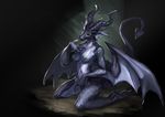 anthro breasts claws dragon female fin green_eyes horn kneeling looking_at_viewer membranous_wings nathing navel nipples nude purple_skin solo spade_tail toe_claws wide_hips wings 