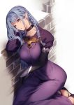  1girl artist_name bangs black_gloves blue_eyes braid breasts caster choker dress elbow_gloves fate/stay_night fate_(series) gloves highres hips kyouya_(mukuro238) large_breasts long_hair long_skirt long_sleeves looking_at_viewer open_mouth pointy_ears purple_dress purple_eyes purple_hair side_braid sitting skirt solo twitter_username 