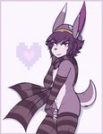  &lt;3 2018 anthro black_nose blush clothed clothing crackers crossdressing fingerless_gloves fur gloves hair hat lagomorph legwear looking_at_viewer male mammal mostly_nude nintendo open_mouth purple_fur purple_hair rabbit ravio_(rabbit_form) red_eyes scarf seductive solo standing stockings the_legend_of_zelda video_games white_fur 
