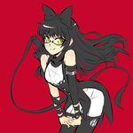  bespectacled black_hair blake_belladonna commentary_request gambol_shroud glasses highres iesupa long_hair pantyhose red_background rwby solo weapon yellow_eyes 