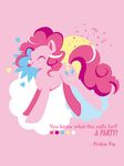  confetti earth_pony english_text equine eyes_closed female feral friendship_is_magic fur hair happy hopping horse mammal my_little_pony pink_background pink_fur pink_hair pink_theme pinkie_pie_(mlp) pony pose running side_view simple_background smile solo text tinrobo tongue tongue_out 
