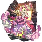  animal beatrice_(re:zero) blonde_hair blue_eyes blush book_stack bookshelf cat dress drill_hair floating_hair gradient_hair holding holding_animal last_period leggings long_hair multicolored_hair official_art one_eye_closed open_mouth pink_footwear pink_hair puck_(re:zero) re:zero_kara_hajimeru_isekai_seikatsu solo striped striped_legwear tile_floor tiles twintails 