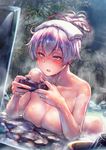  bath bathing blush breasts breasts_outside commentary_request controller dualshock fate/grand_order fate_(series) foliage game_controller gamepad hair_between_eyes hangetsuban_sonshou large_breasts long_hair looking_at_viewer night nude onsen open_mouth outdoors playing_games ponytail red_eyes rock shiny shiny_hair shiny_skin silver_hair solo steam television tomoe_gozen_(fate/grand_order) towel towel_on_head tree water wet 