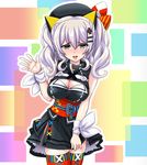  :d alternate_costume bangs bare_shoulders beret blush breasts cleavage commentary_request cosplay cowboy_shot curly_hair eyebrows hair_between_eyes hair_ornament hairpin hat highres kaguya_luna kaguya_luna_(character) kaguya_luna_(character)_(cosplay) kantai_collection kashima_(kantai_collection) large_breasts lipstick long_hair look-alike looking_at_viewer makeup open_mouth outline silver_eyes silver_hair sleeveless smile solo thighhighs tk8d32 twintails virtual_youtuber waving white_outline zettai_ryouiki 