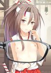  blush breasts brown_eyes brown_hair glasses headband high_ponytail japanese_clothes kanden_suki kantai_collection long_hair looking_at_viewer navel nipples ponytail small_breasts solo torn_clothes twitter_username x-ray_glasses x-ray_vision zuihou_(kantai_collection) 