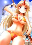  bikini blonde_hair breasts chain cleavage cuffs dutch_angle hand_on_hip highres horn hoshiguma_yuugi indo_(mdtanaka2007) large_breasts long_hair looking_at_viewer navel oni pole red_eyes shackles smirk solo swimsuit touhou wet 