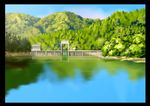  anchoku_0621 black_border border commentary_request dam forest highres hill lake nature no_humans original outdoors reflection scenery tree water_surface 