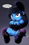  black_hair blue_eyes blue_skin breasts clothing digital_media_(artwork) drxii ear_piercing english_text facial_piercing female footwear hair hat humanoid lip_piercing looking_at_viewer nipple_piercing nipples not_furry piercing pussy shoes simple_background smurf smurfette solo text the_smurfs 