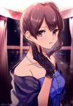  alternate_costume brown_eyes brown_hair commentary_request deco_(geigeki_honey) dress gloves highres indoors jewelry kaga_(kantai_collection) kantai_collection long_hair looking_back necklace open_mouth pearl pearl_necklace ribbon side_ponytail sleeveless sleeveless_dress solo sparkle twitter_username 