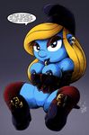  blonde_hair blue_eyes blue_skin breasts clothing digital_media_(artwork) drxii ear_piercing english_text facial_piercing female footwear hair hat humanoid lip_piercing looking_at_viewer nipple_piercing nipples not_furry piercing pussy shoes simple_background smurf smurfette solo text the_smurfs 