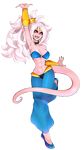  abs absurdres alternate_color alternate_hairstyle android_21 arm_up armpits bandeau black_nails black_sclera blue_footwear bracer breasts cleavage collar cosplay dragon_ball dragon_ball_fighterz earrings eyebrows fangs flats full_body hair_ornament harem_pants high_ponytail highres hoop_earrings jewelry jun-kou large_breasts long_hair looking_at_viewer majin_android_21 makeup mascara midriff nail_polish open_mouth pants pink_skin pointy_ears red_eyes see-through shantae_(character) shantae_(character)_(cosplay) shantae_(series) silver_hair slender_waist solo standing standing_on_one_leg tail tiara transparent_background underboob 