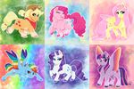  2018 applejack_(mlp) blue_eyes cutie_mark digital_media_(artwork) earthsong9405 equine eyes_closed feathered_wings feathers fluttershy_(mlp) friendship_is_magic fur green_eyes hair hat hooves horn looking_at_viewer mammal multicolored_hair my_little_pony orange_fur pegasus pink_feathers pink_fur pink_hair pinkie_pie_(mlp) purple_eyes rainbow_dash_(mlp) rainbow_hair rarity_(mlp) simple_background smile standing twilight_sparkle_(mlp) unicorn white_fur winged_unicorn wings 