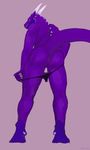  2018 5_fingers anthro anus blue_skin blush butt claws clothing curved_horn digital_media_(artwork) dradmon dragon ear_piercing hi_res horn looking_back male nude panties piercing presenting presenting_anus purple_background purple_skin raised_tail rear_view red_eyes ridged_horn saber_(raevocrei) scalie sharp_teeth signature simple_background smile solo spikes standing teeth toe_claws underwear undressing white_horn wingless_dragon 
