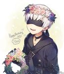  birthday black_choker blindfold blush choker covered_eyes facing_viewer flower gloves male_focus nagu nier_(series) nier_automata smile solo white_hair yorha_no._9_type_s 