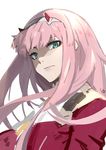 bangs closed_mouth commentary_request darling_in_the_franxx eyeshadow green_eyes hairband highres horns jacket long_hair looking_at_viewer makeup military military_uniform nanaya_(daaijianglin) pink_hair red_jacket signature simple_background sketch solo uniform upper_body white_background zero_two_(darling_in_the_franxx) 