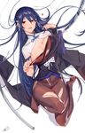  2018 areola_slip areolae black_hair bow braid breasts brown_legwear cleavage covered_navel crown_braid damiaodi full_body hair_between_eyes hair_bow hair_twirling heart highres iron_saga large_breasts long_hair looking_at_viewer mole mole_on_breast oboro_(iron_saga) panties panties_under_pantyhose pantyhose red_eyes solo sword torn_clothes torn_legwear underwear very_long_hair weapon white_bow 