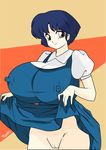  1girl blue_hair bottomless breasts brown_eyes dress erect_nipples huge_breasts looking_at_viewer pussy ranma_1/2 short_hair smile solo standing tendou_akane toshiso_(artist) 