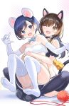  &quot;rouhou&quot;_ore_no_iinazuke_ni_natta_jimiko_ie_dewa_kawaii_shikanai. 2girls ;d animal_ears bandeau bangs bare_shoulders black_legwear blue_bow blue_eyes blue_hair blush bow breasts brown_eyes brown_hair cat_ears cat_tail choker collarbone elbow_gloves eyebrows_visible_through_hair fake_animal_ears fake_tail full_body gloves hair_ornament highres hug long_hair looking_at_viewer midriff mouse_ears mouse_tail multiple_girls novel_illustration official_art one_eye_closed open_mouth sakata_nayu shiny shiny_skin short_hair sitting small_breasts smile soles sweatdrop tail tan_(tangent) textless thighs v-shaped_eyebrows watanae_yuuka white_gloves white_legwear 