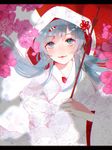  bad_id bad_pixiv_id bangs blue_eyes blue_hair blush cherry_blossoms commentary_request eyebrows_visible_through_hair head_tilt holding hood japanese_clothes kimono letterboxed long_hair looking_at_viewer original sharlotte smile snowflakes uchikake upper_body 