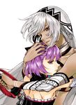  altera_(fate) black_nails breasts dark_skin fate/grand_order fate_(series) head_hug helena_blavatsky_(fate/grand_order) hug kofunami_nana looking_at_viewer medium_breasts multiple_girls nail_polish purple_eyes purple_hair red_eyes silver_hair sketch veil white_background white_sleeves yuri 