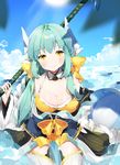  bad_id bad_pixiv_id ball bangs blue_hair blush breasts cleavage cloud cloudy_sky day detached_collar fate/grand_order fate_(series) head_tilt highres holding holding_weapon horns japanese_clothes kiyohime_(fate/grand_order) kiyohime_(swimsuit_lancer)_(fate) kneeling large_breasts long_hair looking_at_viewer ongyageum outdoors over_shoulder sidelocks sitting sky smile sun thighhighs weapon weapon_over_shoulder white_legwear wide_sleeves yellow_eyes 