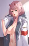  bangs breasts darling_in_the_franxx eyebrows_visible_through_hair franham gloves green_eyes highres honey horns large_breasts long_hair looking_at_viewer military military_jacket military_uniform naked_coat navel open_mouth out-of-frame_censoring pink_hair solo tongue tongue_out uniform white_gloves zero_two_(darling_in_the_franxx) 