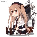  :d ahenn black_serafuku bow brown_eyes brown_hair chibi commentary_request gloves hair_bow hair_flaps hair_ornament hair_ribbon hairclip heterochromia kantai_collection long_hair lowres machinery murasame_(kantai_collection) open_mouth pleated_skirt remodel_(kantai_collection) ribbon school_uniform serafuku simple_background sitting skirt smile solo turret twitter_username two_side_up white_background white_gloves 