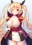  azur_lane blonde_hair breasts cleavage collarbone commentary_request dress epaulettes eyebrows_visible_through_hair frown hair_ribbon large_breasts long_hair nelson_(azur_lane) one_eye_closed orange_eyes pensuke red_eyes ribbon short_dress twintails very_long_hair 