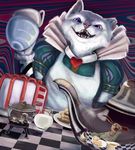  2018 alice_in_wonderland anthro beverage blue_eyes brown_fur cake cat clothed clothing cup detailed_background digital_media_(artwork) dolphinwarrior feline female food fur glass insane laugh looking_at_viewer male mammal mock_turtle open_mouth queen royalty scared sitting smile table tea tea_cup tea_party teeth tongue white_fur 