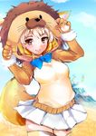  animal_ears animal_hood blonde_hair blue_neckwear blue_sky bow bowtie brown_eyes claw_pose cloud commentary_request cowboy_shot day extra_ears fennec_(kemono_friends) fox_ears fox_tail gloves highres hood kemono_friends kemono_friends_pavilion kinou_no_shika lion_hood looking_at_viewer mountain outdoors paw_gloves paws playground_equipment_(kemono_friends_pavilion) pleated_skirt skirt sky smile solo tail thighhighs white_skirt 