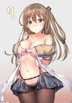  ? arms_behind_back ass_visible_through_thighs bangs bare_shoulders black_legwear black_panties blue_skirt blush breasts brown_hair chinese_commentary collarbone commentary_request cowboy_shot eyebrows_visible_through_hair girls_frontline gmkj gradient gradient_background hair_ornament hairclip highres k-2_(girls_frontline) large_breasts long_hair looking_at_viewer miniskirt navel nose_blush panties panties_under_pantyhose pantyhose see-through short_sleeves showgirl_skirt skirt solo standing underwear yellow_eyes 