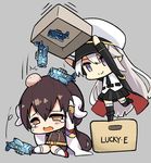  aircraft airplane azur_lane blush box brown_eyes brown_hair chibi coat commentary crying crying_with_eyes_open enterprise_(azur_lane) grey_background hands_on_own_head hat horns long_hair long_sleeves mikasa_(azur_lane) multiple_girls necktie on_box peaked_cap phandit_thirathon purple_eyes simple_background sitting smile standing standing_on_object standing_on_one_leg tears wariza white_hair z_flag 