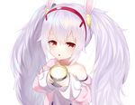  animal_ears azur_lane bangs bare_shoulders blush brown_eyes bunny_ears camisole collarbone eyebrows_visible_through_hair hair_between_eyes hair_ornament hairband holding jacket koko_ne_(user_fpm6842) laffey_(azur_lane) long_hair long_sleeves looking_at_viewer off_shoulder open_clothes open_jacket parted_lips pink_jacket red_hairband searchlight sidelocks silver_hair simple_background solo strap_slip twintails very_long_hair white_background white_camisole 