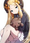  abigail_williams_(fate/grand_order) absurdres bangs black_bow black_dress black_hat blonde_hair bloomers blue_eyes blush bow bug butterfly commentary_request dress fate/grand_order fate_(series) forehead hair_bow hat highres insect long_hair long_sleeves looking_down object_hug onsem orange_bow parted_bangs parted_lips polka_dot polka_dot_bow simple_background sleeves_past_fingers sleeves_past_wrists solo stuffed_animal stuffed_toy teddy_bear underwear very_long_hair white_background white_bloomers 