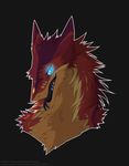  2018 absurd_res ambiguous_gender anthro black_background black_tongue blue_eyes egsaku forked_tongue fur glowing glowing_eyes hair head_down headshot_portrait hi_res looking_at_viewer multicolored_fur neck_tuft portrait red_fur red_hair sergal sharp_teeth sidgi simple_background smile solo tan_fur teeth tongue tuft zoom_(cinta) 