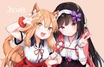  2girls :d animal_ear_fluff animal_ears bangs beige_background black_skirt blush breasts brown_eyes brown_hair center_frills closed_mouth collared_shirt commentary_request eyebrows_visible_through_hair fate/extra fate/extra_ccc fate/extra_ccc_fox_tail fate/grand_order fate_(series) fingernails fox_ears fox_girl fox_tail frills hair_between_eyes hood hood_down hooded_cape light_brown_hair long_hair looking_at_viewer medium_breasts multiple_girls open_mouth osakabe-hime_(fate/grand_order) pink_cape purple_eyes red_scrunchie red_skirt scrunchie shirt short_sleeves simple_background skirt smile suzuka_gozen_(fate) sweat tail tousaki_shiina v very_long_hair white_shirt wrist_scrunchie 