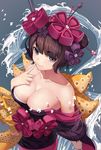  animal bangs bare_shoulders bird black_kimono blue_eyes breasts brown_hair closed_mouth collarbone commentary_request eyebrows_visible_through_hair fate/grand_order fate_(series) finger_to_mouth flower from_above hair_flower hair_ornament hairpin heart highres holding index_finger_raised japanese_clothes katsushika_hokusai_(fate/grand_order) kimono loading_(vkjim0610) looking_at_viewer medium_breasts obi off_shoulder purple_flower red_flower revision sash short_hair smile solo standing water 
