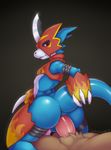  2018 anal anthro balls butt clothing cookiedraggy digimon digital_media_(artwork) duo erection flamedramon humanoid_penis looking_at_viewer looking_back male male/male nude on_top penetration penis reverse_cowgirl_position sex simple_background smile 