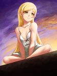  bangs bare_shoulders blonde_hair blouse finalcake frown highres kiss-shot_acerola-orion_heart-under-blade kizumonogatari long_hair monogatari_(series) parted_bangs sitting sitting_on_object solo twilight white_blouse yellow_eyes 