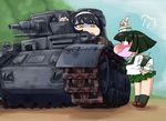  angry black_hair chibi commentary_request girls_und_panzer ground_vehicle headwear military military_vehicle motor_vehicle multiple_girls ooarai_school_uniform panzerkampfwagen_iv reizei_mako short_hair sky sono_midoriko tank tree yunaka_(259808) 