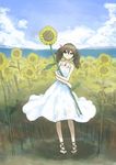  brown_eyes brown_hair cloud cloudy_sky commentary_request day dress flower full_body highres kantai_collection long_hair looking_at_viewer magatama_necklace nito_(nshtntr) ocean ryuujou_(kantai_collection) sky smile solo standing sundress sunflower twintails white_dress 