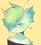  ambiguous_gender anthro bare_shoulder blue_scales blush clothed clothing crop_top cyzarinefredek dragon eyes_closed green_hair hair horn looking_down off_shoulder scales shirt simple_background solo 