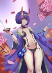  absurdres alcohol bad_id bad_pixiv_id bare_shoulders breasts cecilia_(oshigoto_boshuuchuu) cup fate/grand_order fate_(series) flower hair_ornament hand_up highres horns japanese_clothes kimono lantern navel oni oni_horns paper_lantern petals purple_eyes purple_hair revealing_clothes sakazuki short_hair shuten_douji_(fate/grand_order) small_breasts smile solo standing 