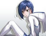 blue_hair bodysuit commentary_request darling_in_the_franxx green_eyes hair_ornament hairclip ichigo_(darling_in_the_franxx) pilot_suit rochika_(ya_y_a_ya) short_hair skin_tight solo white_bodysuit 