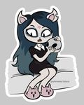  2018 4_fingers anthro black_hair cat claire_(the_summoning) clothing digital_media_(artwork) dress eyelashes eyeshadow fangs feline female fur hair long_hair makeup mammal open_mouth simple_background sitting skull slippers slit_pupils snax the_summoning white_fur 