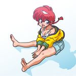  1girl barefoot blue_eyes braid cleavage genderswap genderswap_(mtf) jacket ranma-chan ranma_1/2 red_hair saotome_ranma shorts single_braid solo wantan-orz 